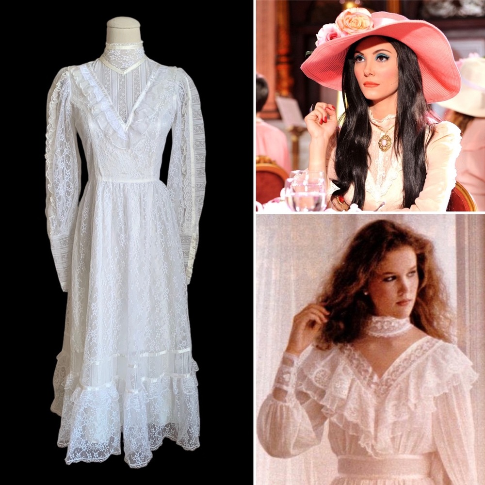 Vintage 70s GUNNE SAX Jessica Prairie Ruffled Floral Lace Edwardian Wedding XS